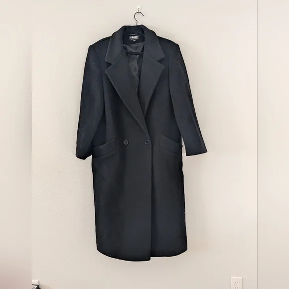 Karen Of Imported Fabric Black Long Wool Trench Coat Size 12 - Picture 3 of 9